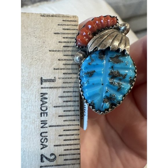 Lyolito Tsette ZUNI Native Sterling Silver CARVED TURQUOISE & CORAL Ring Size 6 - Picture 8 of 12